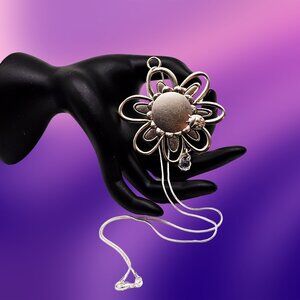 Silver Tone Floral Pendant Necklace with Faux Crystal Drop – Artisan Style